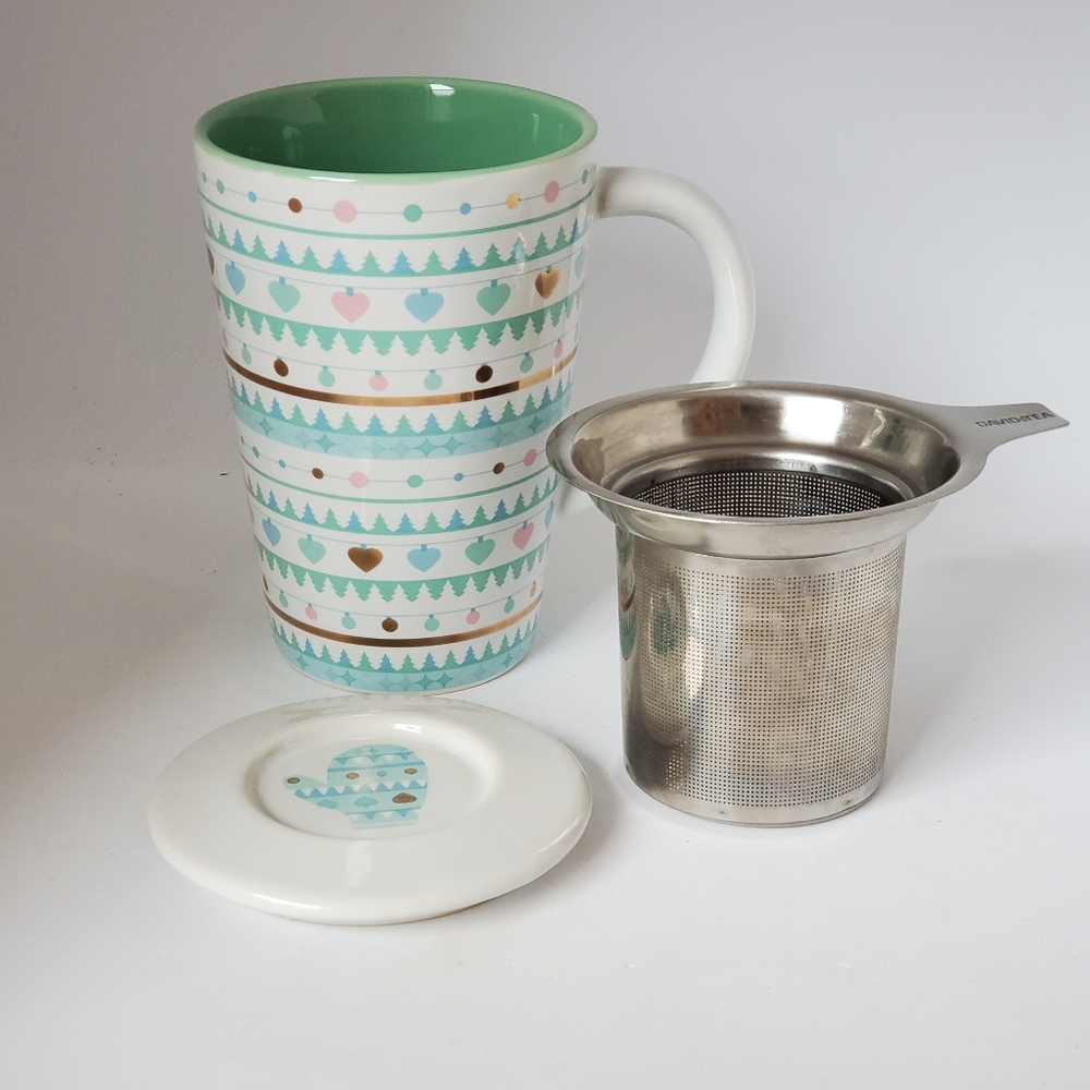 Davids Tea Sweater Mitten Pattern Mug with Infuser and Lid/Saucer Holiday 12 oz